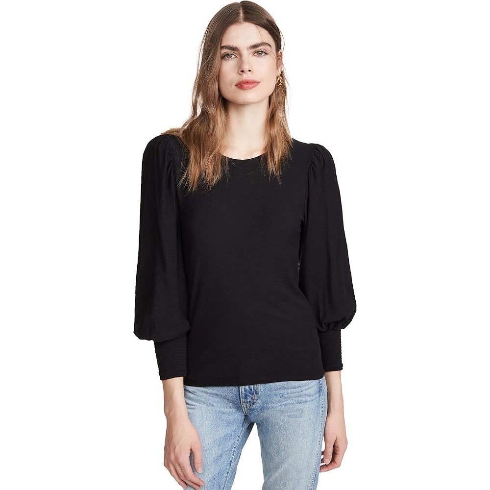Nation LTD Women's Loren Smocked Sleeve Long Sleeve Top Black XS Minimalist Chic